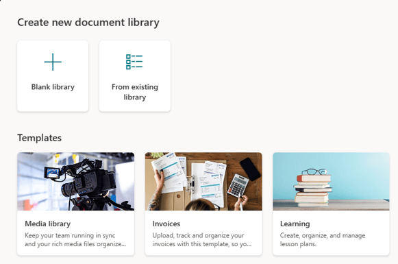 create new document library menu in SharePoint