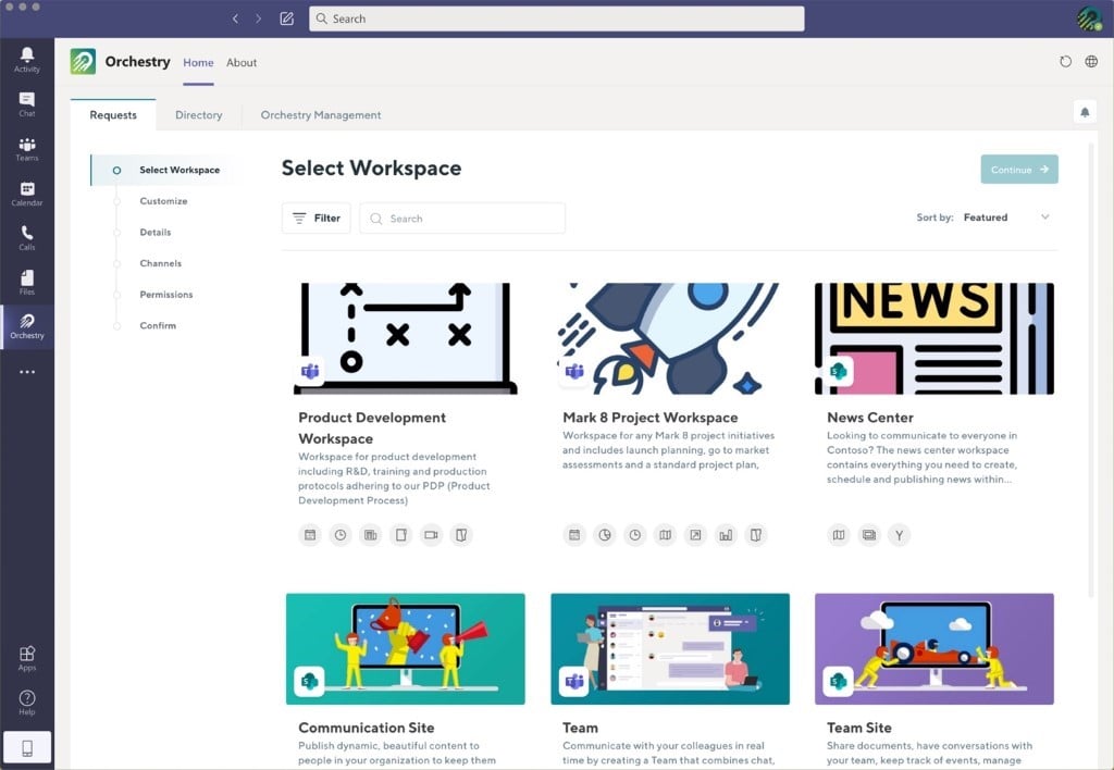 Orchestry – Microsoft Teams Templates and Workspaces / Image description: Pre-Built Microsoft Teams Templates with advanced functionality in Orchestry